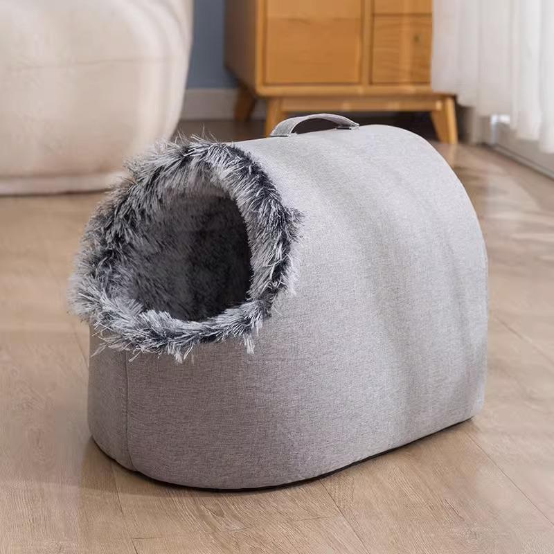 Cozy Winter Plush Cat Bed: Warm, Enclosed, Handheld Nest with Outdoor Cold Protection серый