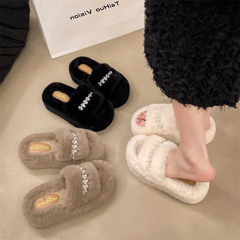 Mode 2024 Neues Perlendesign Flauschige Hausschuhe Damen Hausschuhe Indoor Weiche Plüsch Warme Hausschuhe Damen Mode Keilschuhe Größe 35-42