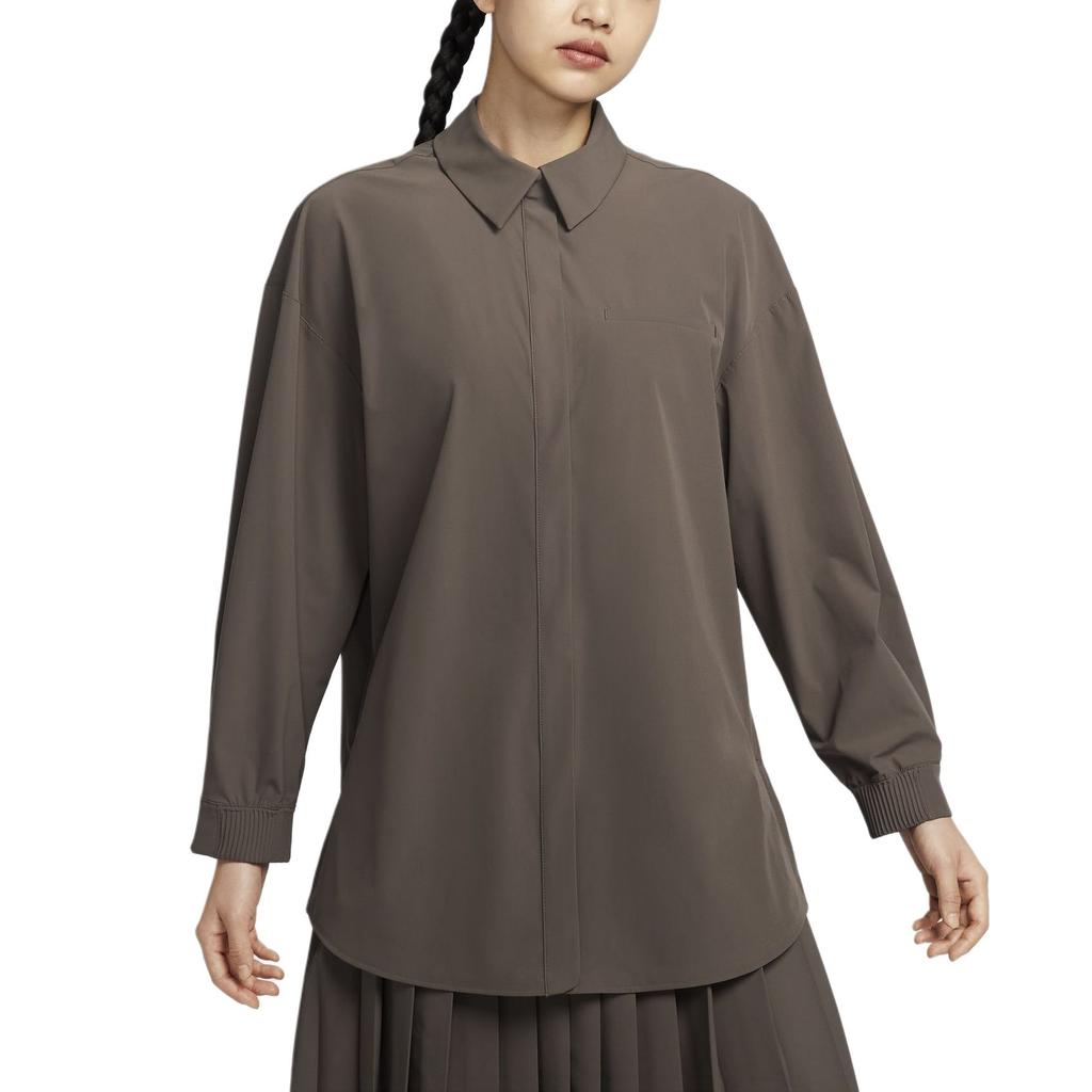 Nike Dri-Fit 24.7 Perfect Stretch Fashion Versatile Polo Long Sleeve Shirt Women shirts Mineral-Grey Baroque-Brown HQ0237004