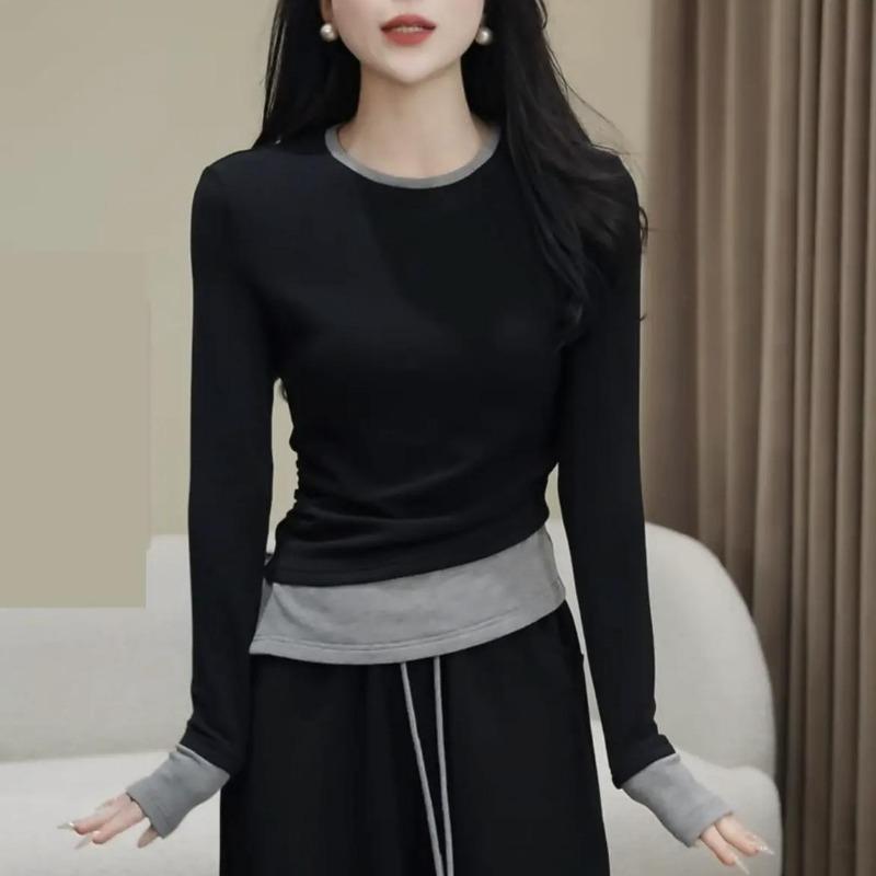 

Spring Autumn Fake Two Pieces Patchwork Pullover T-shirt Women Long Sleeve Casual Fashion All-match Tee Top S чёрный