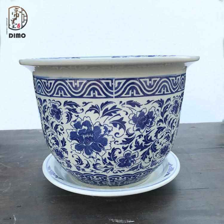 Extragroßer blau-weißer Porzellan-Blumentopf mit Untertasse - Chinesischer Stil für Grünlilien