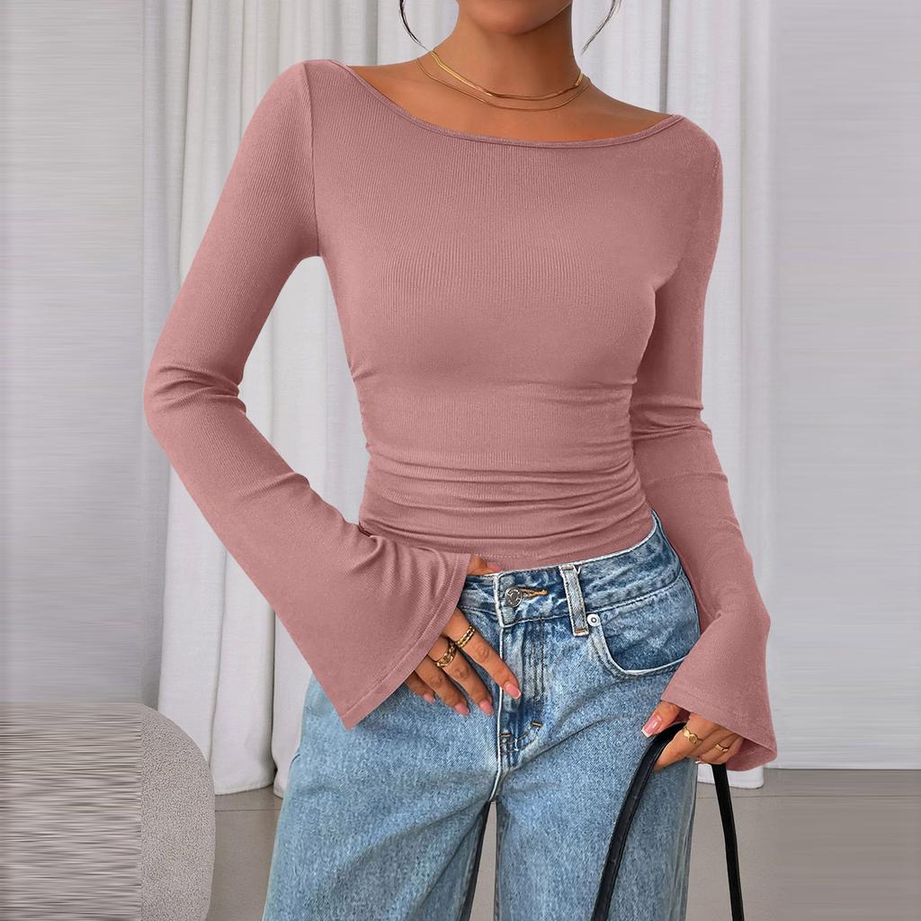 Women's Color Bell Sleeve Long Sleeve Top, Casual Blouse for Everyday Wear