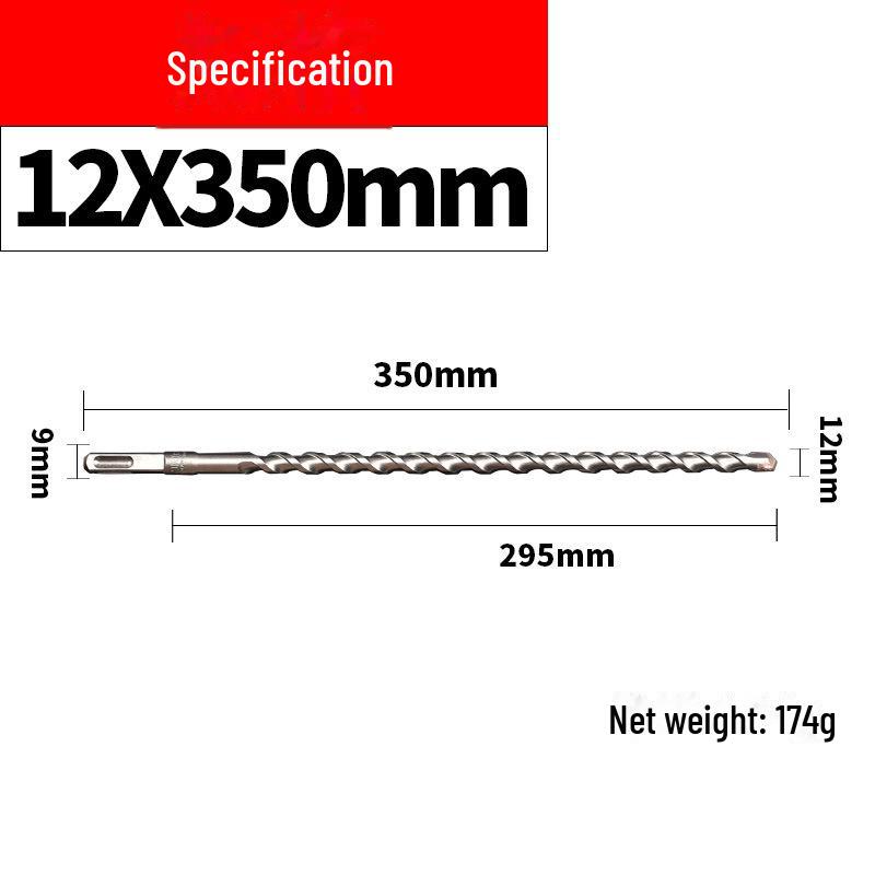 Impact Hammer Drill Bit for Drilling Through Concrete and Cement Walls with Round and Square Handles, Two Pits, and Two Grooves.