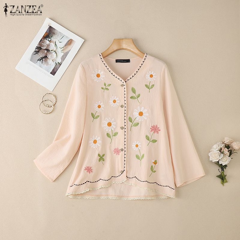 ZANZEA Damska codzienna bluzka z luźnym długim rękawem i kwiatowym haftem