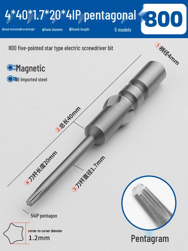 Magnetic 4mm Electric Screwdriver Bit with 800 Internal Hexagon, 5-Star Slotted, and Triangular Bit, 3C