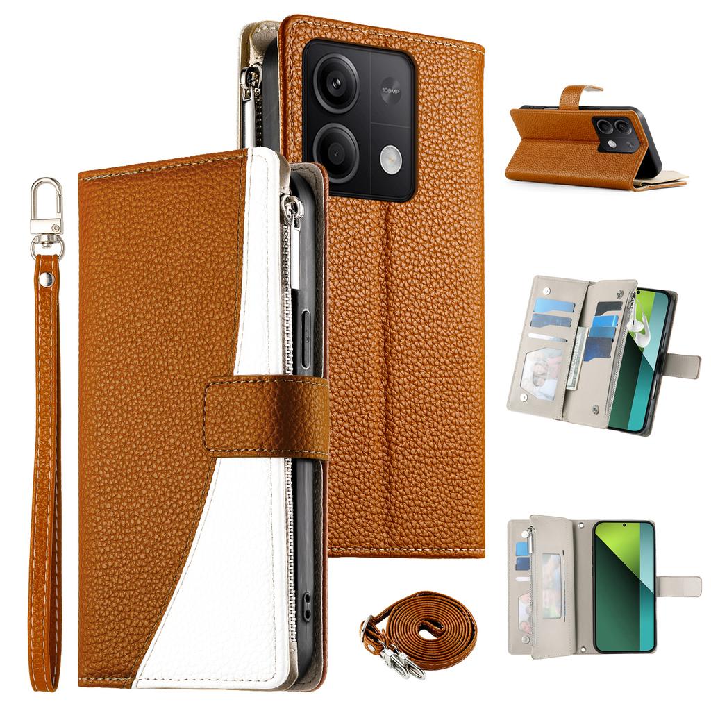 Für Xiaomi Redmi Note 13 5G Hülle Reißverschluss-Geldbörse Farbspleißleder Flip-Handyhülle mit Riemen