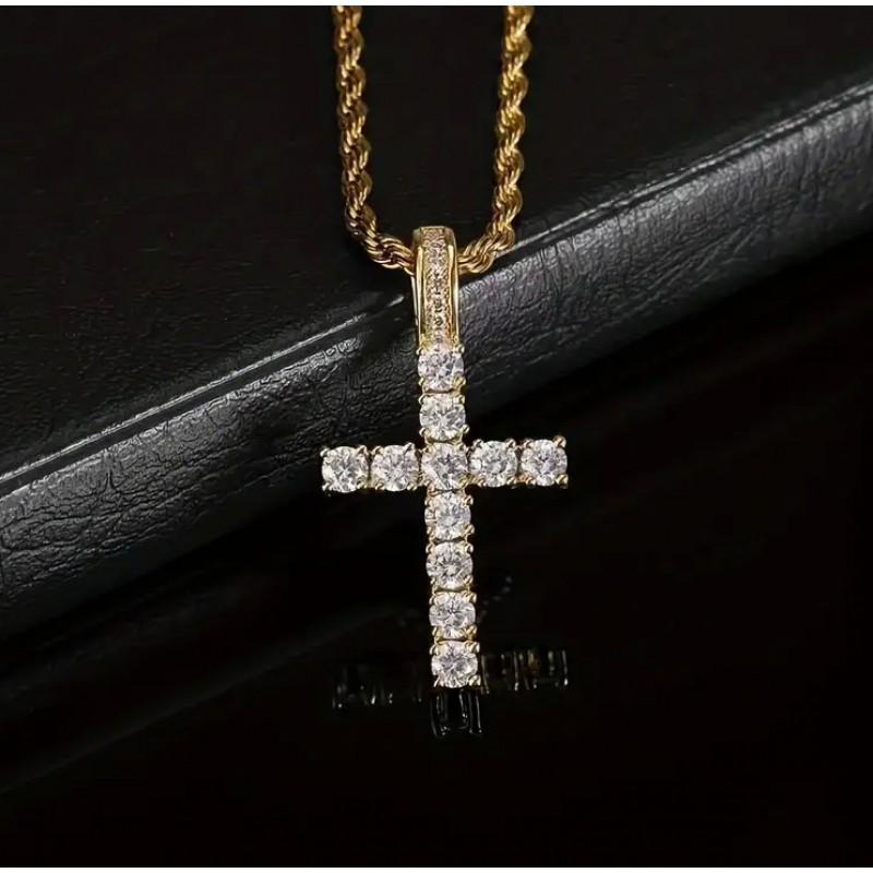 Zircon Cross Pendant Necklace Women Men Minimalist Luxury Stainless Steel Chain Gold Tone