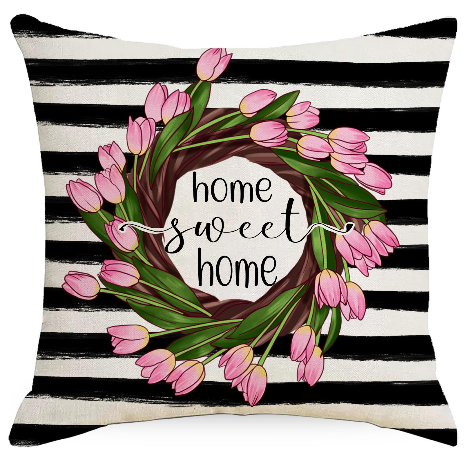 

New Easter Pillow Cover Striped Flowers Letter Print Home Cushion Pillow Cover Premium Durable Quality Useful Practical 45 * 45Cm