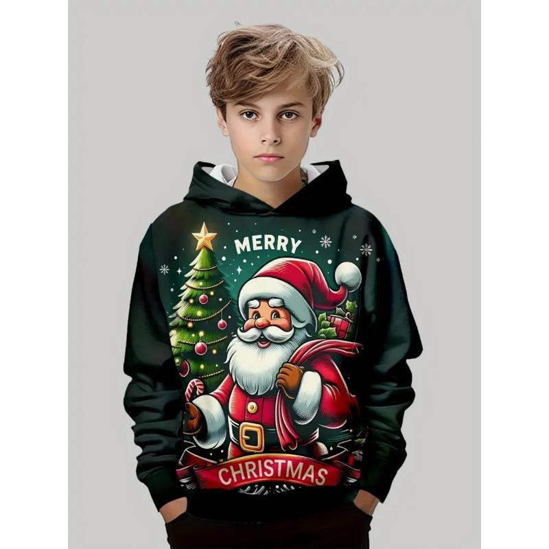 Hip Hop Santa Children's Hoodie Cute Christmas Pattern Holiday Hoodie Loose Comfortable Boys Top Lightweight Children's Clothing