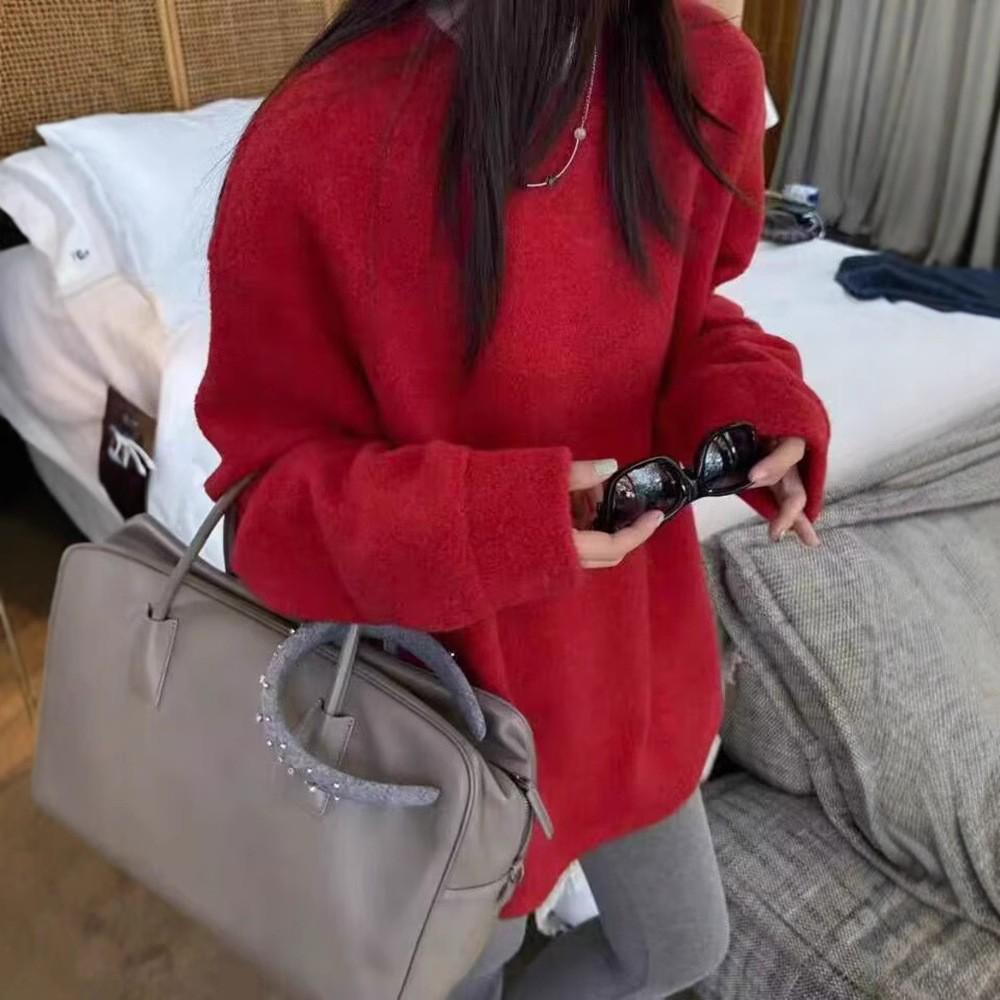 

Женский зимний свитер 2024 года свободного кроя с круглым вырезом и бархатной подкладкой One Size [80-140 jin] красный