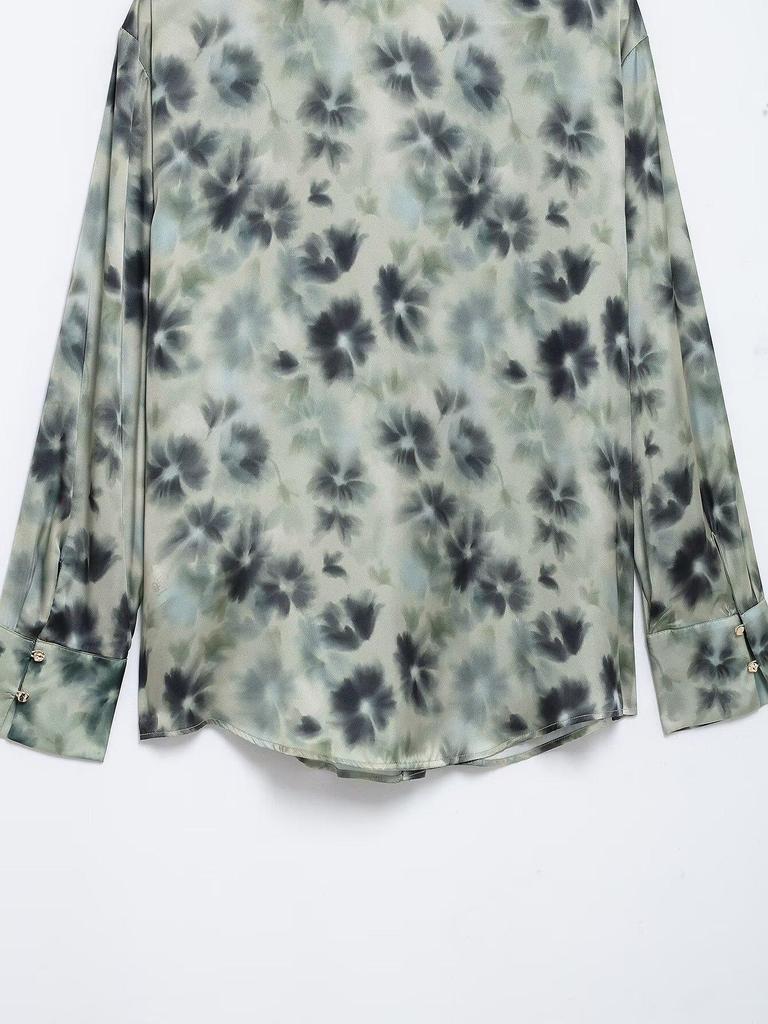 2025 Spring Women's European & American Style Print Silk Satin Long Sleeve Lapel Casual Shirt