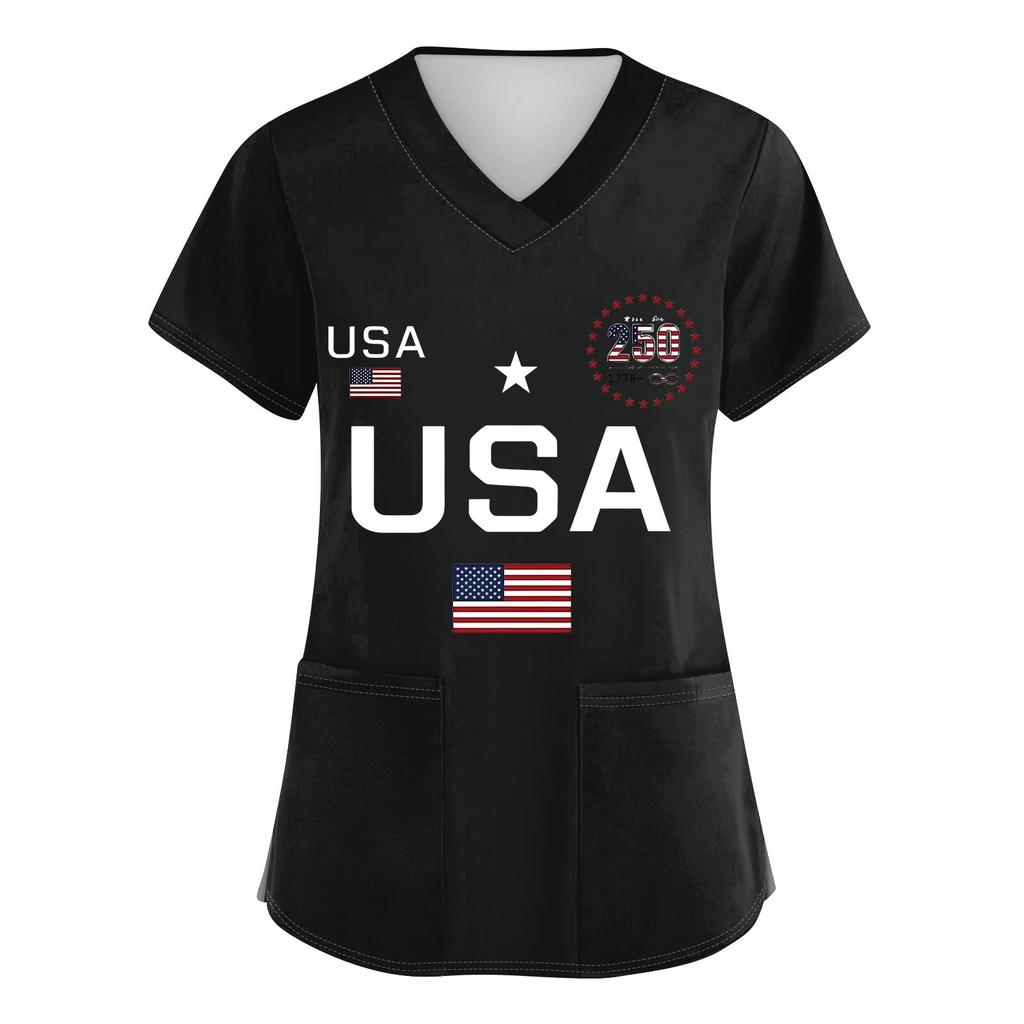 Camisetas de trabajo con bolsillos y cuello en V y manga corta estampadas a la moda para mujer