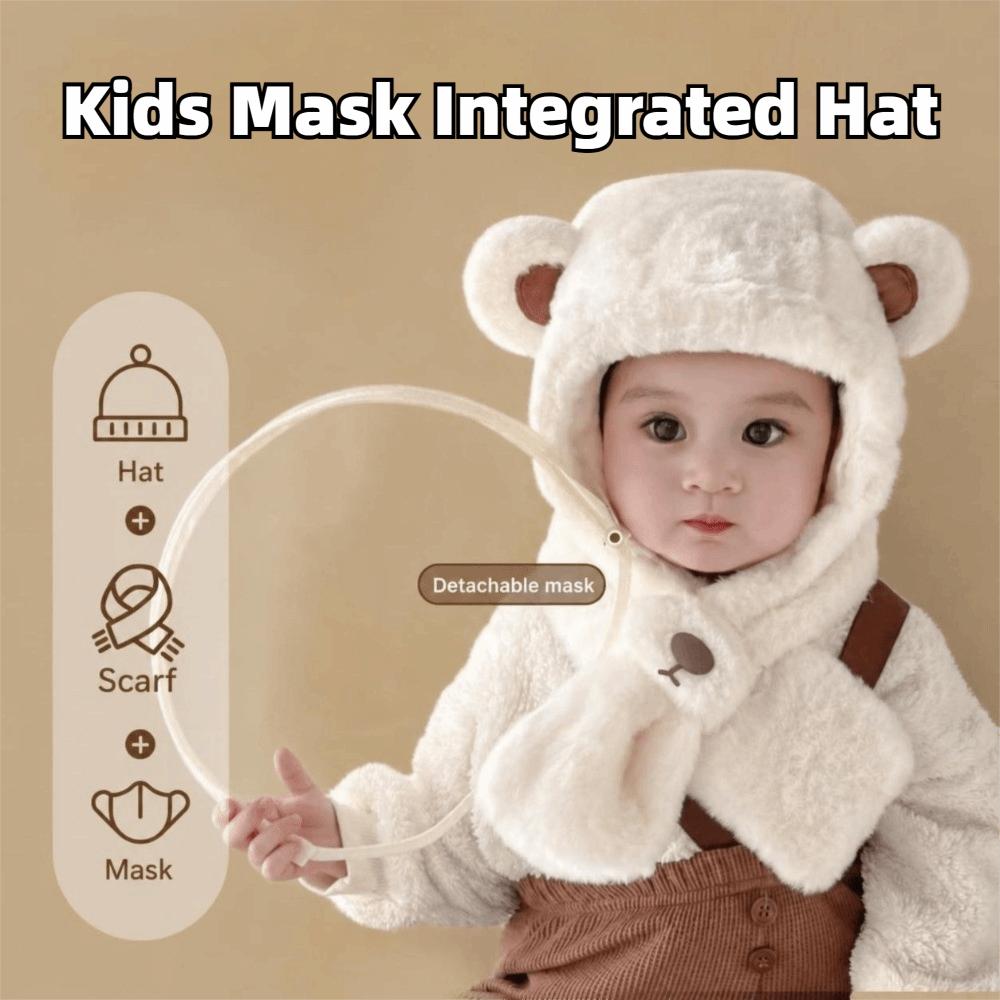 Cartoon Bear Mask Integrated Hat Windproof Plush Fleece Hat Cute Kids Winter Hat