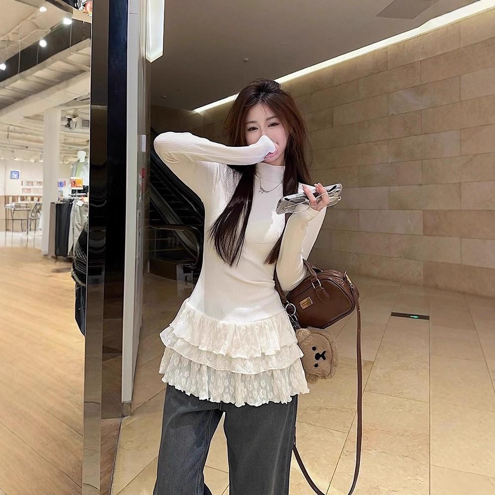 Women s High Neck Ruffle Lace Top with Brushed Fleece, Long Sleeves, and Chic Hem - Autumn/Winter Collection Small белый