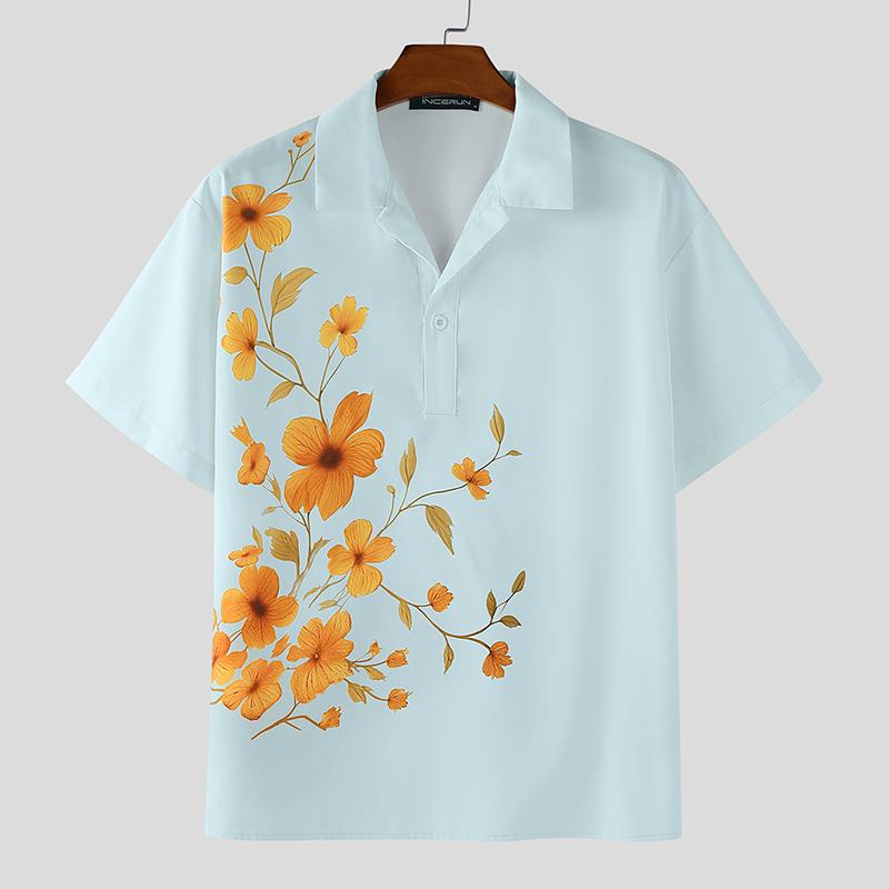

INCERUN S-XXXXXL Men Lapel Neck Short Sleeve Floral Printing Casual Shirts 5XL синий