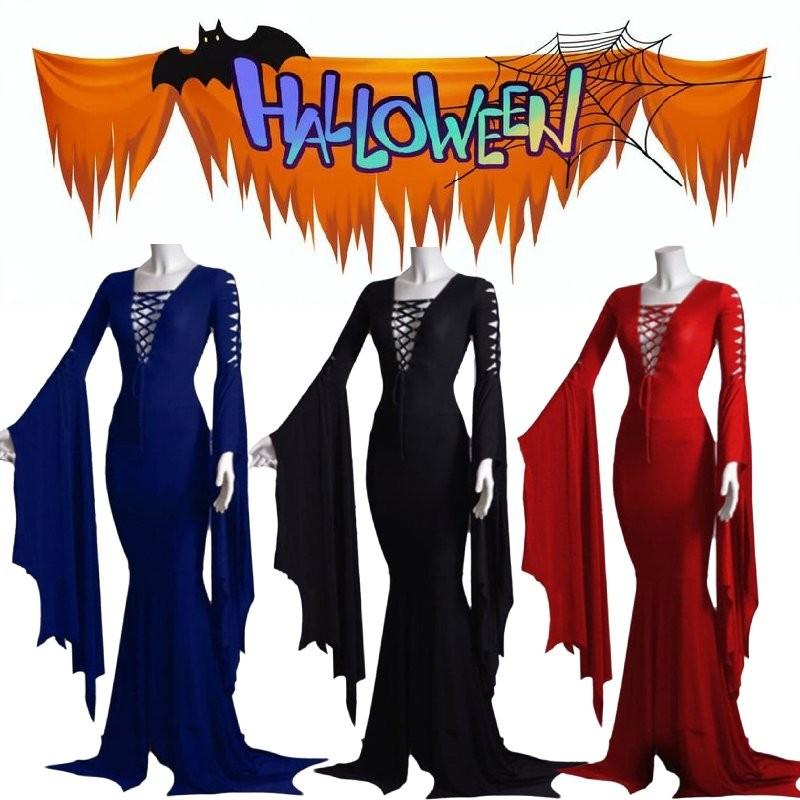Trendy New Halloween Sexy V Neck Dress With Flare Sleeves Available In Red Black And Blue Sizes S To 5xl For A Chic Retro Look