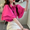 French Lady's Summer Loose Shirt Women's Loose Blouse Solid Color Fairy Style  Ruffle Short Sleeve Chiffon Top