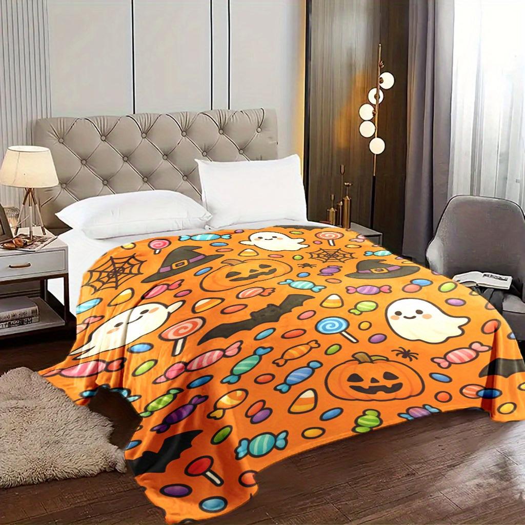 1pc Halloween Candy & Jack-O'-Lantern Throw Blanket - Soft Flannel, Warm & Cozy with Ghosts, Bats, and Colorful Lollipops Design