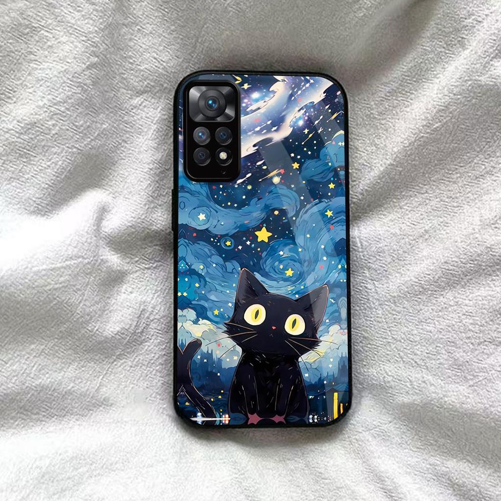 Case for Xiaomi Redmi Note 12 Pro 4G 11S 11 5G Anime Black Cat Starry Cloud Print Phone Cover Acrylic Hard Back Shell With Flexible TPU Edge