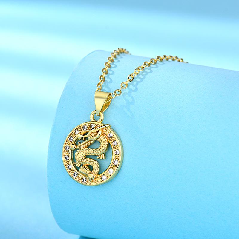Year of The Dragon National Trend Retro Zodiac Dragon Round Card Pendant Necklace