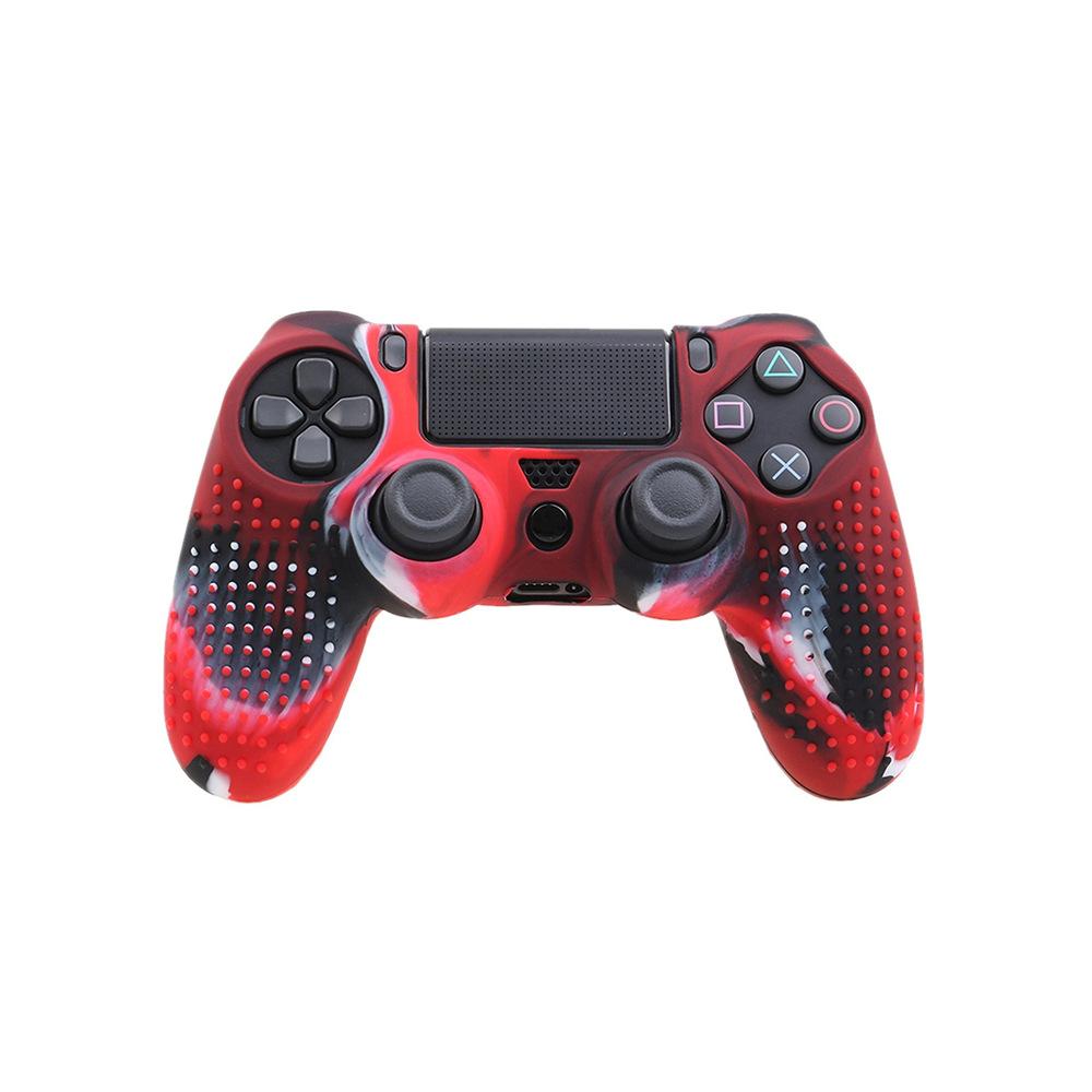 Kamuflażowy Czerwony Silikonowy Pokrowiec + Zestaw 8 Nakładek na Kciuki do Kontrolera PS4 - Antypoślizgowy Ochraniacz