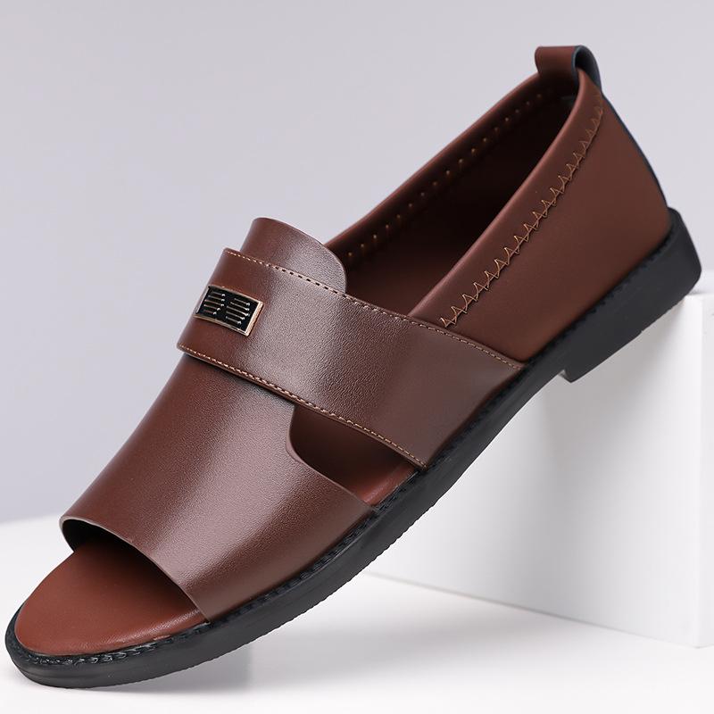 2025 New Roman Leather Sandals for Men Solid Color Summer Anti-slip Designer Beach Shoes Male Fashion Casual Sandals Man