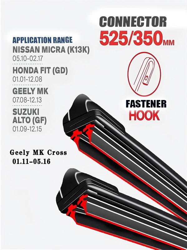 Hook Wiper Blades 525/350mm (21 +14 ) for Nissan Micra K13, Honda Fit GD, Geely MK & Suzuki Alto GF чёрный
