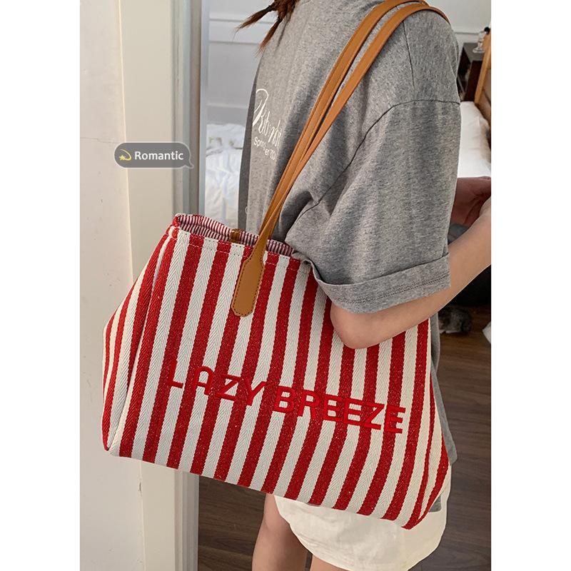 Casual Large-capacity Underarm Bag Women's  New Striped Canvas Bag Fashionable Shoulder Tote Bag