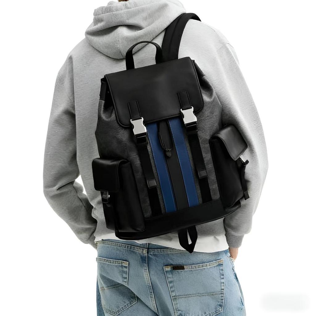 Coach 33 Drawstring And Buckle Closure Leather And Synthetic Fabric Backpack Large Men backpack Mixed-Black CDC63-SVA47