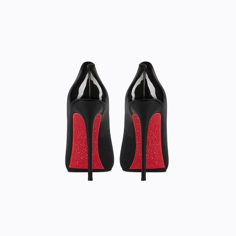 Zapatos de tacón alto de aguja con pedrería de suela roja para hermana real, zapatos de salón sexy negros de charol puntiagudos nuevos de otoño 2024 para hombres y mujeres