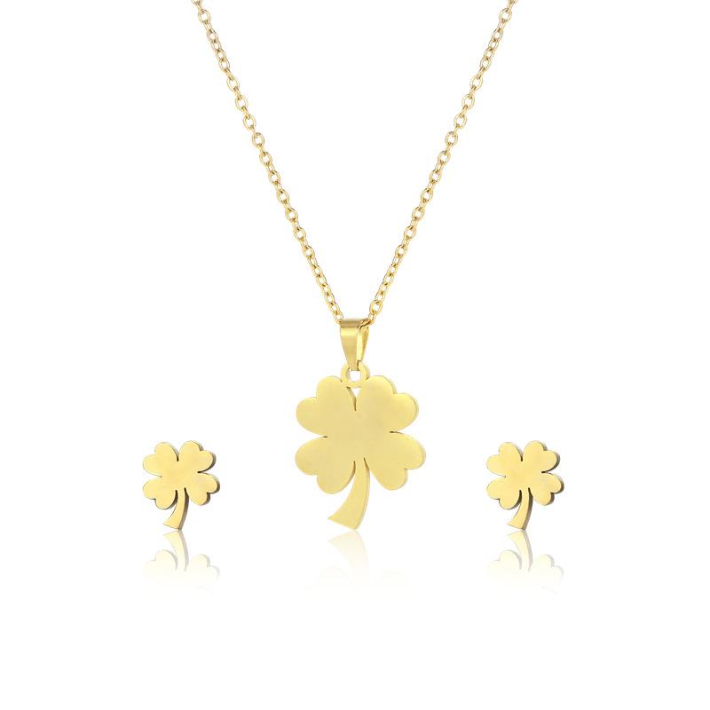 Trendy Lucky Four Leaf Clover Pendant Necklace Earrings Jewelry Set For Women Girl Stainless Steel Clavicle Chain Romantic Gifts
