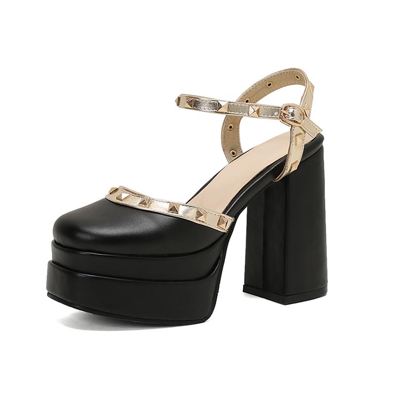 

Women s Sandals Summer Platform Shoes 2024 Rivets Decor Thicken Chunky High Heels Walking Footwear 34 чёрный