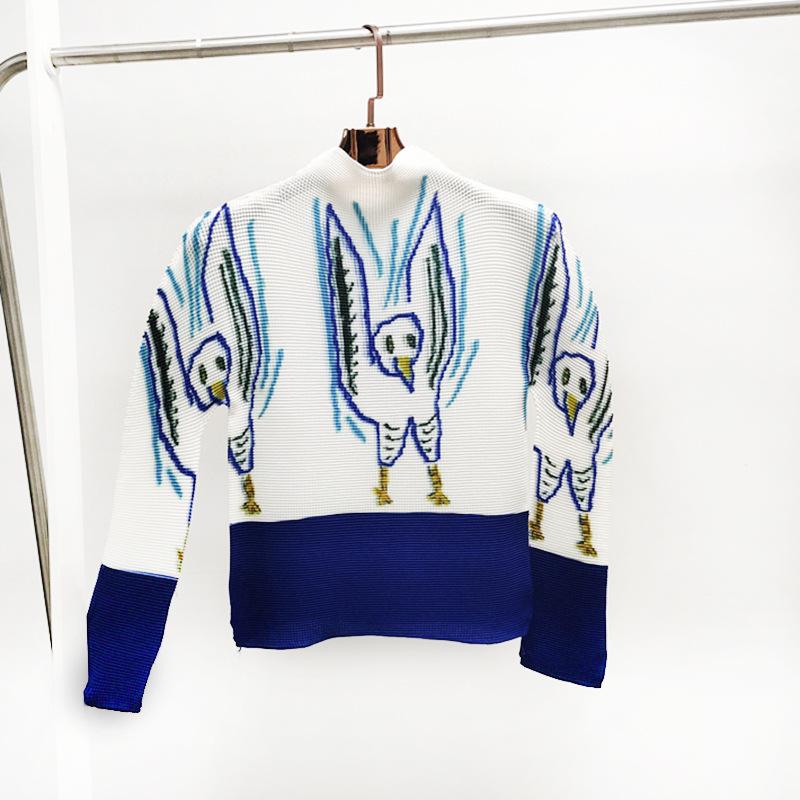 

Плиссированная женская футболка, полуводолазка с длинным рукавом большего размера, свободная повседневная весенне-осенняя одежда с геометрическим узором One size темно-синий