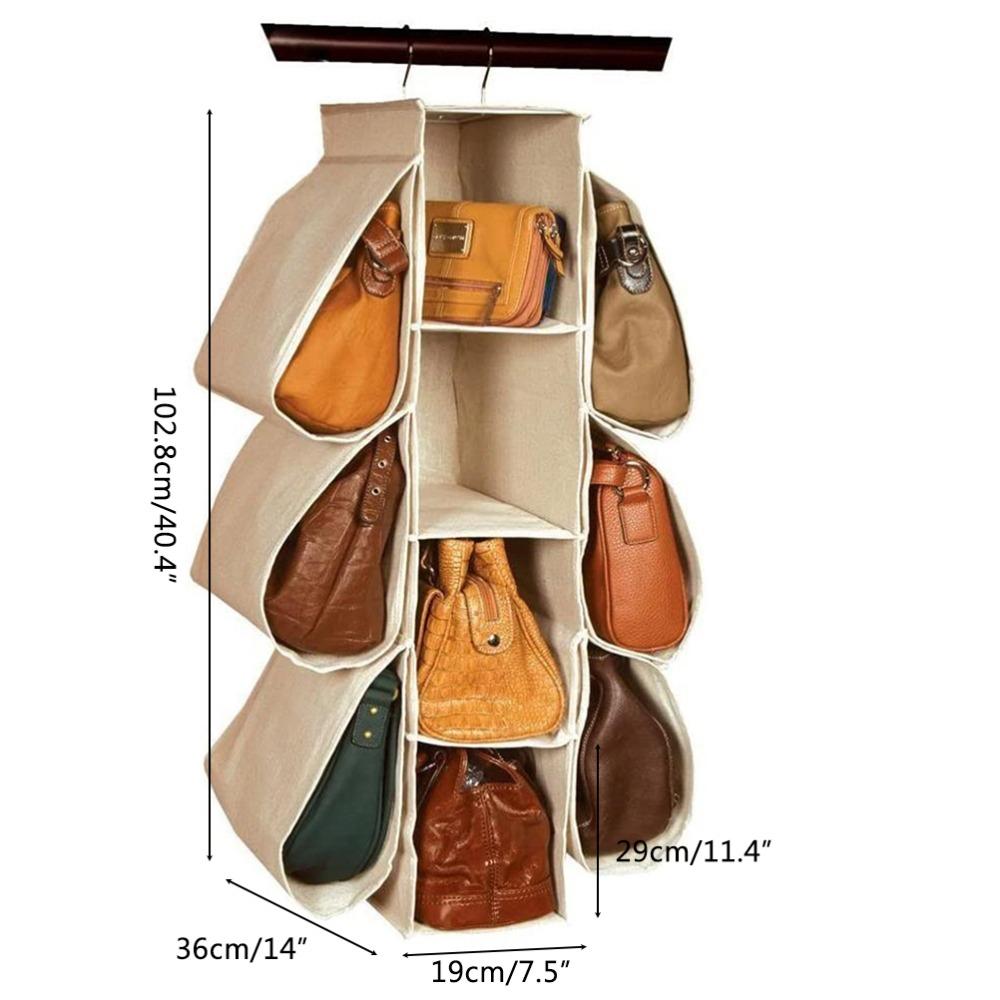 10 Compartments Hanging Purse Organizer With Hooks Closet Shelf Rack Wardrobe Storage