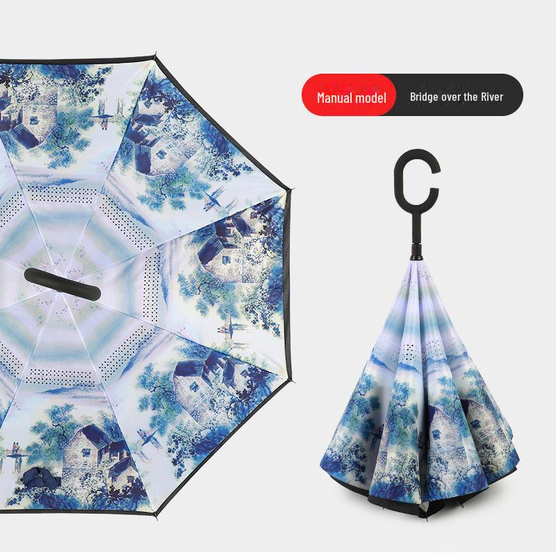 Double-Layer C-Shaped Reverse Umbrella, Extra-Large, Long-Handled for Two People, Custom Logo, For All Weather, Car-Mounted, Advertising Umbrella