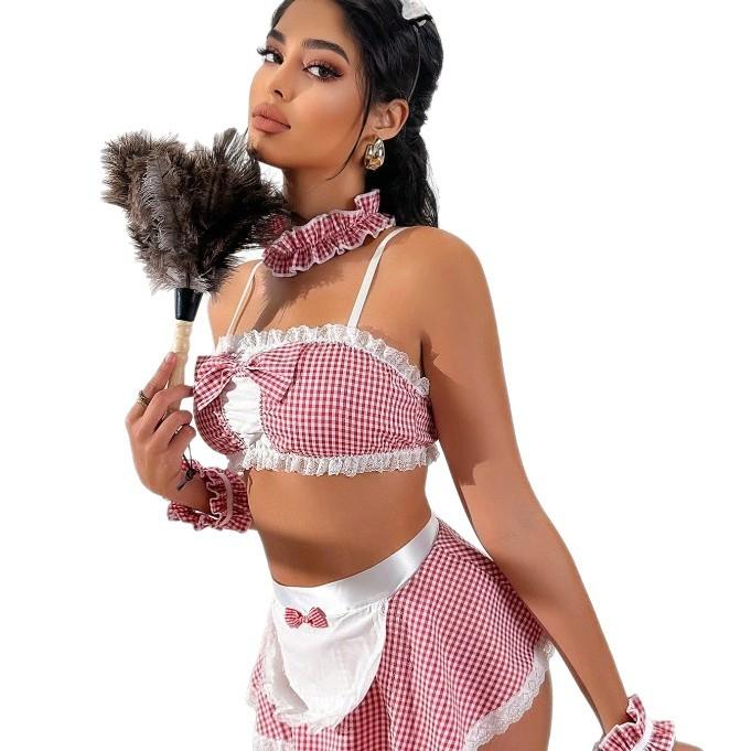 New Maid Uniform Seduction Suspender Plaid Bow Maid Cosplay Sex Set Spot
