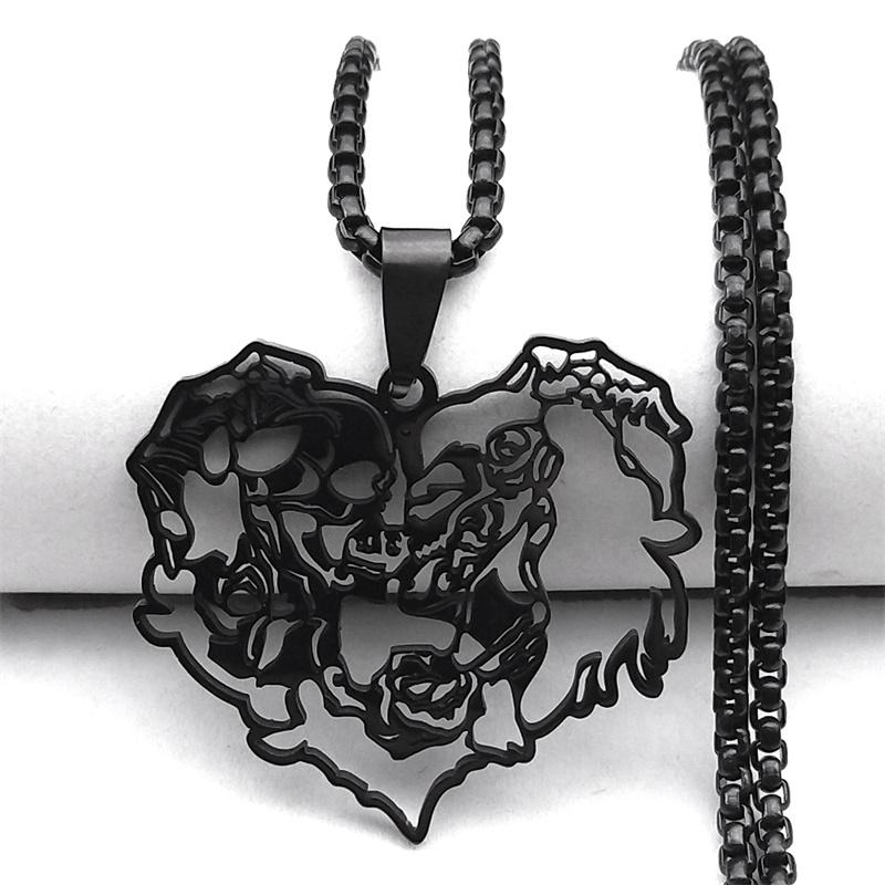Gothic Skull Couple Heart Black Necklace for Women Men Stainless Steel Punk Skeleton Rose Flower Chain Jewelry colar NZZZ509S02