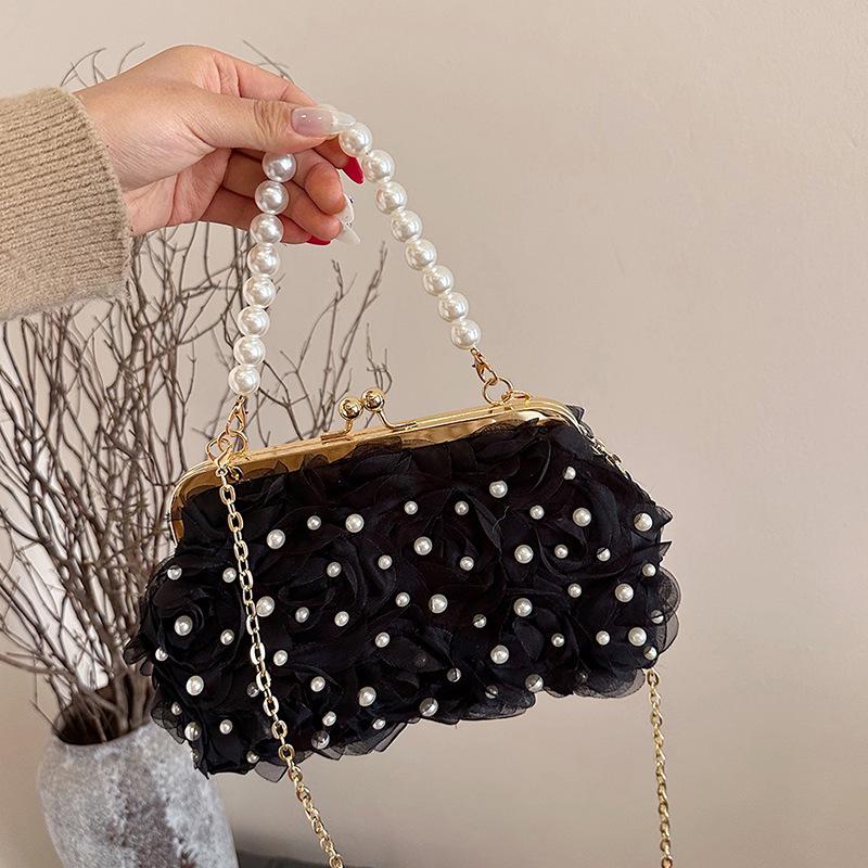 Women's Spring 2025 Pearl Evening Bag with Floral Design and Chain Strap