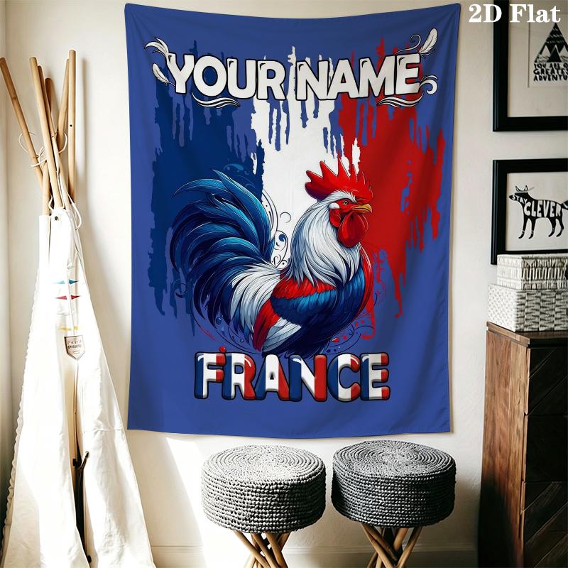 Custom Name French Rooster Wall Tapestry Aesthetic Wall Hanging Printed Fabric Blanket Decorative Tapestries for Bedroom Living Room Home Decor