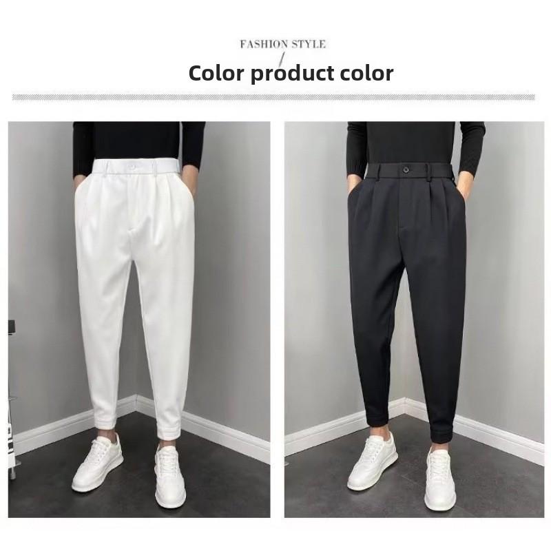 Men's Korean-Style Slim-Fit Suit Trousers - Solid Color, Nine-Point Length, Spring/Autumn, All-Match Straight Casual.