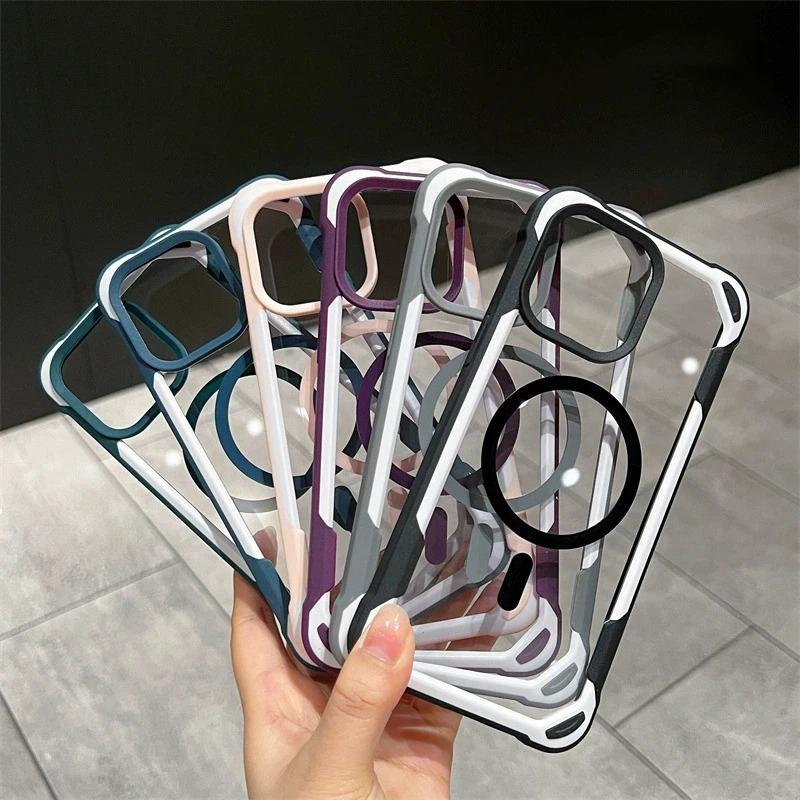 Luxury Magsafe Transparent Phone Case For iPhone 11 12 13 14 15 Pro Max Plus/Samsung S24 Ultra Magnetic Candy Shockproof Bumper Cover