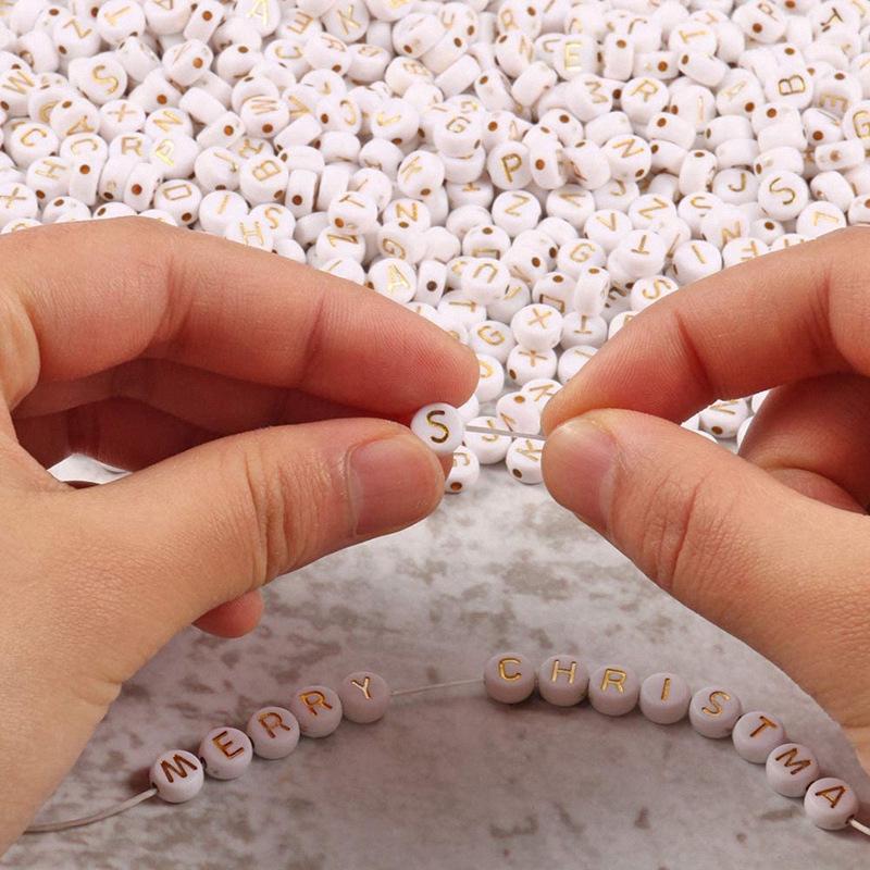 Acrylic Alphabet Beads: 4x7MM White Background with Gold Letters for DIY Jewelry and Crafts