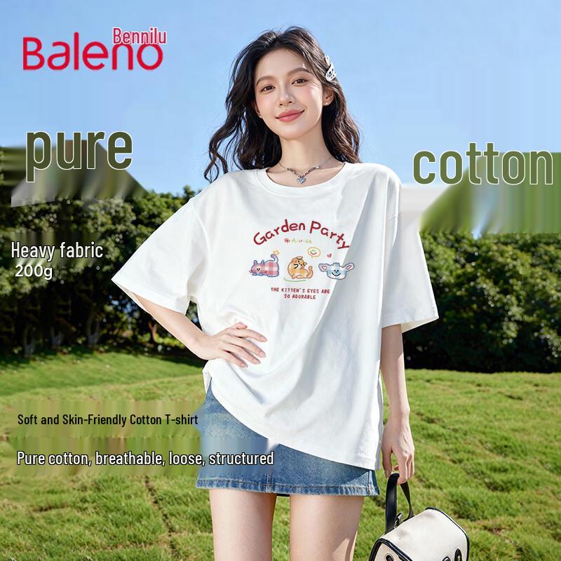 Baleno Women s Pure Cotton Cat Print Loose Short Sleeve T-Shirt 2XL