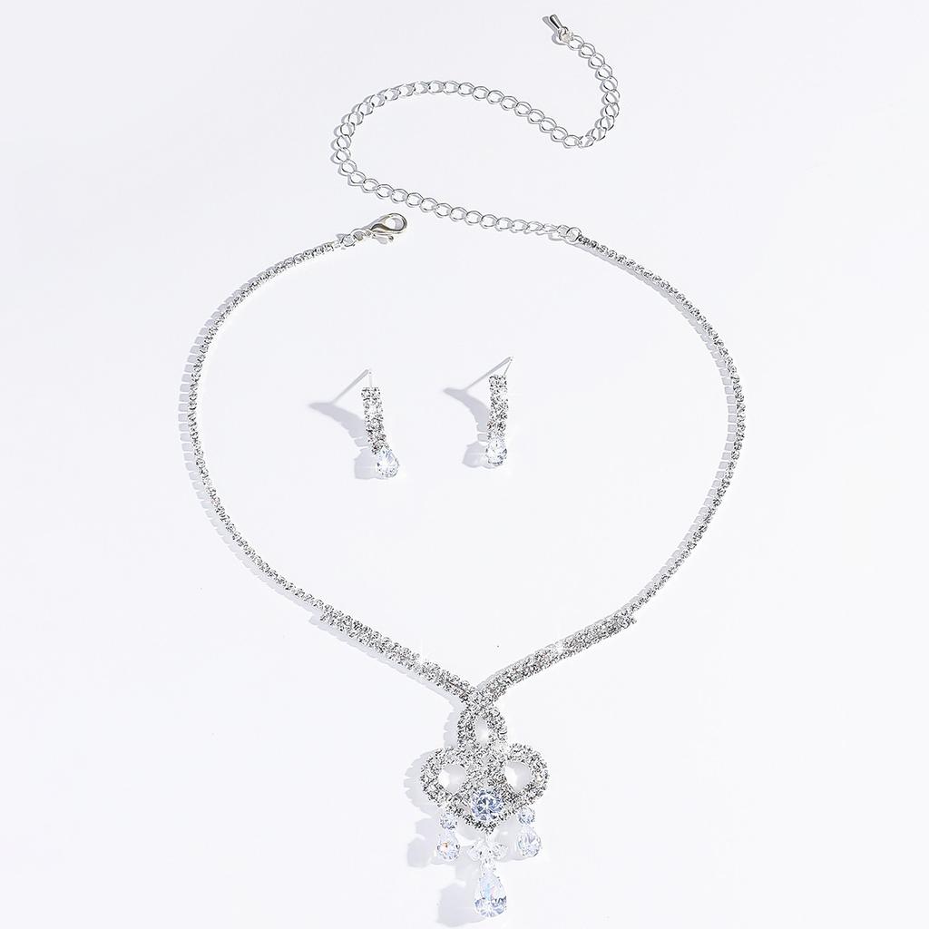 3PC Women's Fashion Copper Inlaid Diamond Claw Chain Water Drop Necklace Earring Set, Suitable for Wedding, Party, Festival Gift