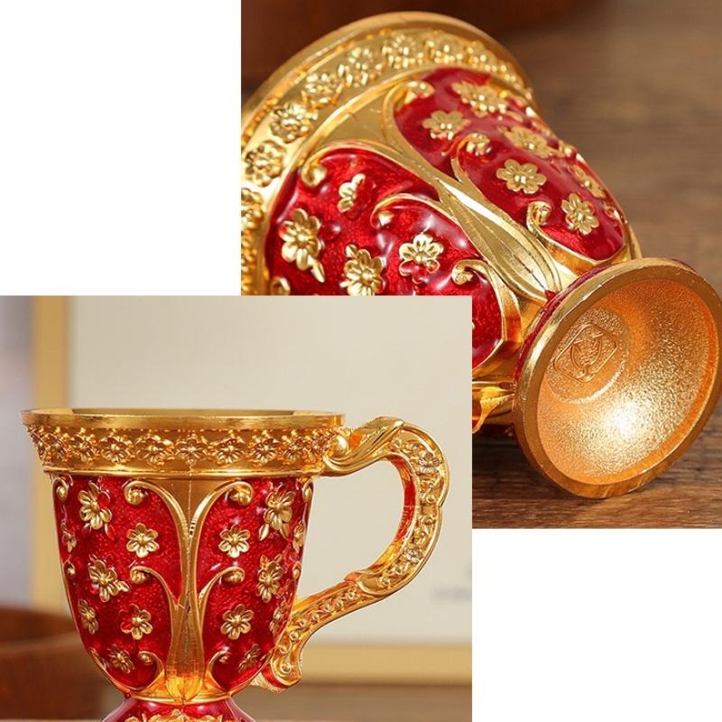 European Light Luxury Handle Cup, Alloy Relief Mini Vodka Glass, Portable Vintage Goblet, Creative Home Table Decoration, 1pcs