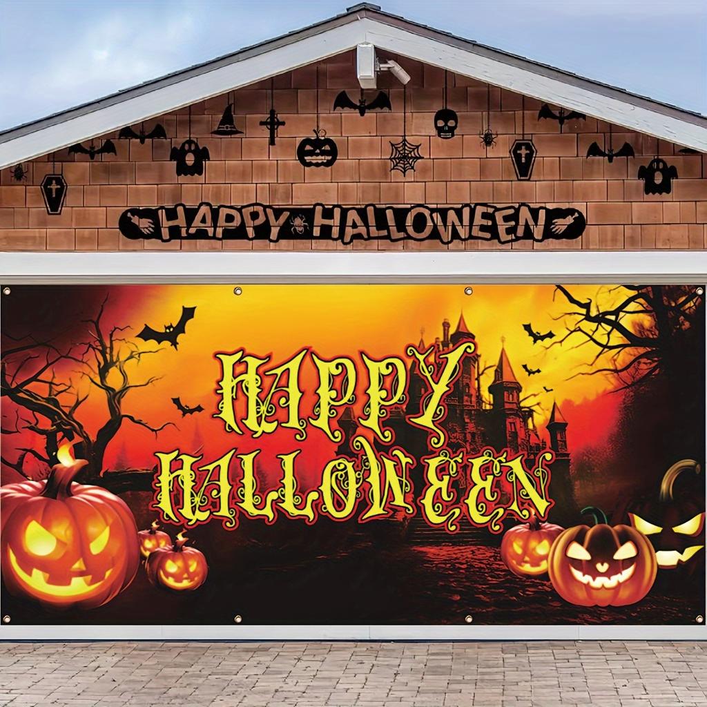 Outdoor sunset pumpkin and ghost castle designed Halloween garage door banner - holiday wall decoration for holiday cele