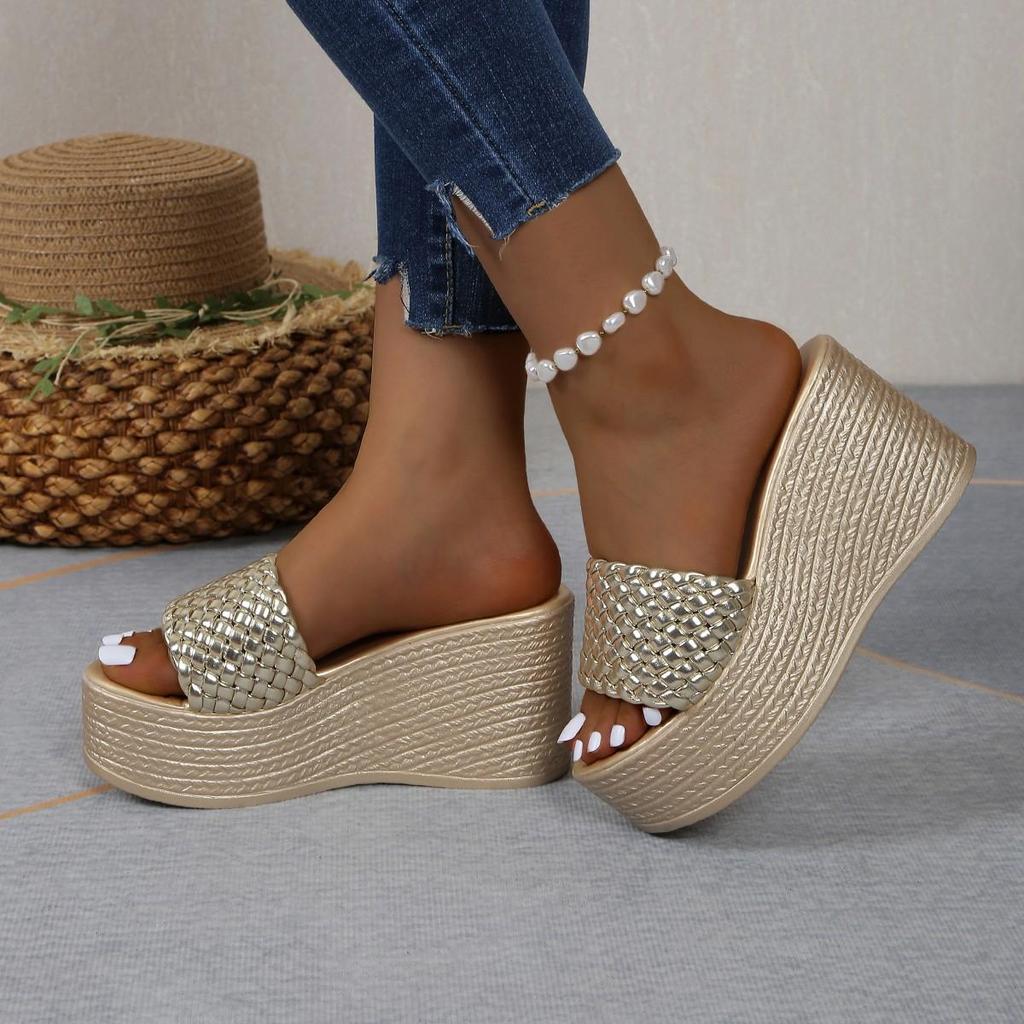Keilabsatz-Slipper für Damen, Plateausandalen, Damen, Sommer, klobig, golden, runder Kopf, dicke Sohle, Strandschuhe