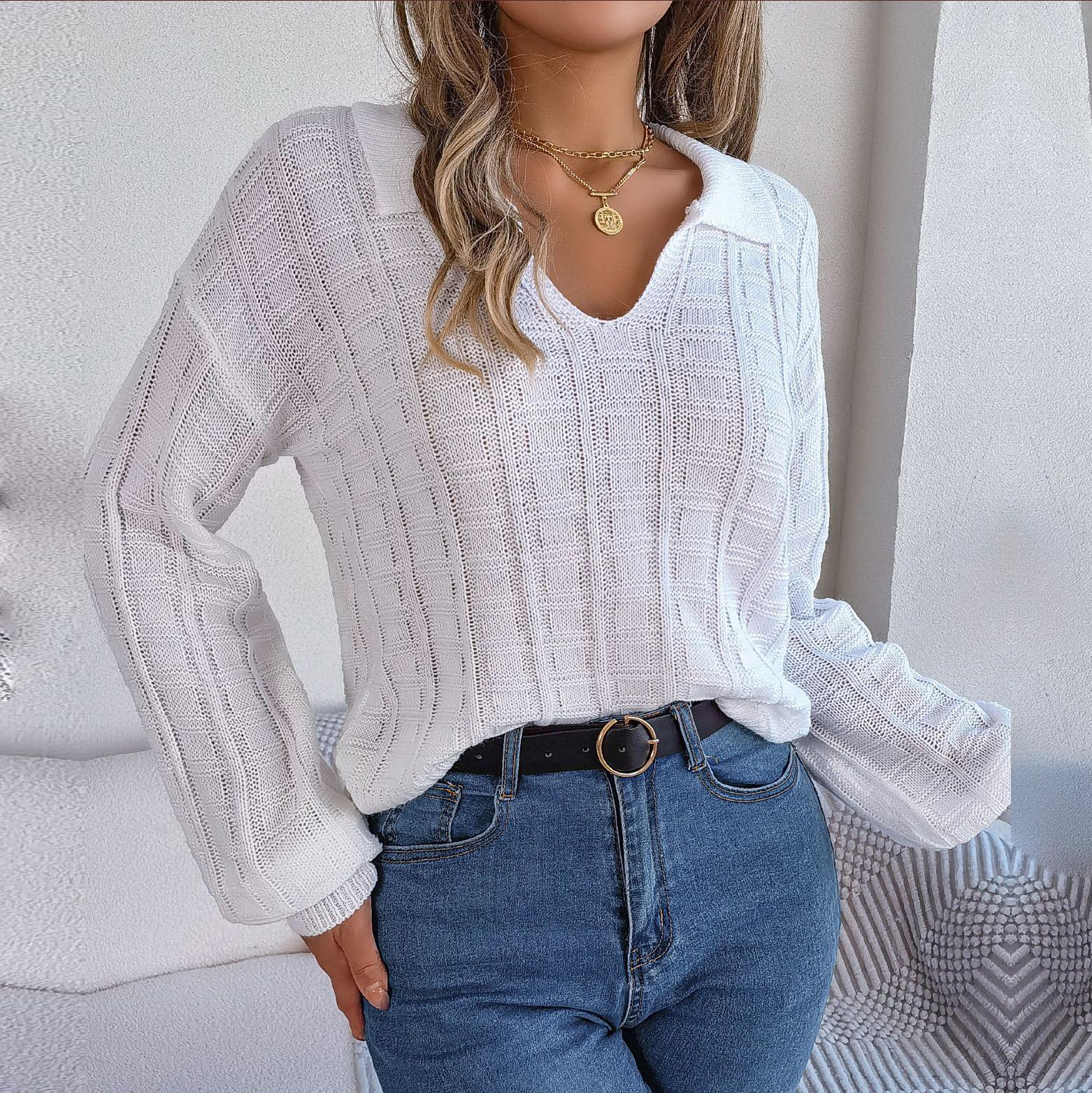 

Женский осенне-зимний повседневный свитер-поло в клетку с длинным рукавом и вязаным свитером L белый