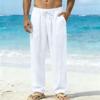 Men's White Linen Blend Beach Pants Drawstring Waist Casual Trousers