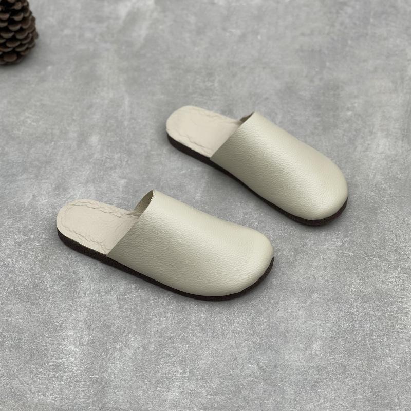 

Johnature Ручная работа Натуральная кожа Круглый носок Плоские тапочки Удобные Мягкая коровья кожа Женские слипоны 35 бежевый